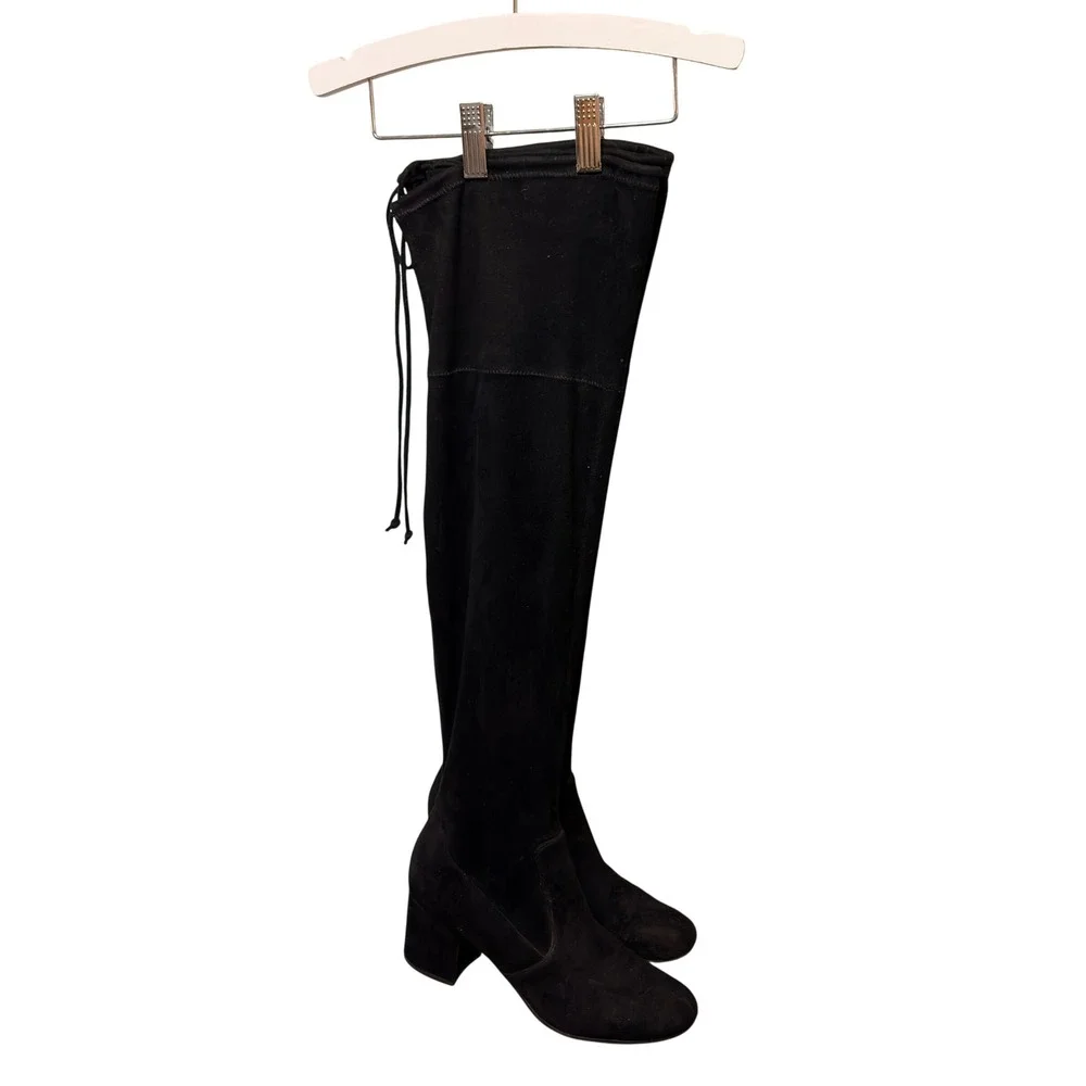 Womens Black Faux Suede Over The Knee Block Heel Boots Tie Back Size 8.5
